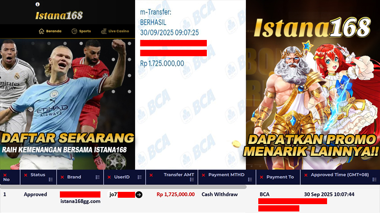 BUKTI KEMENANGAN WD MEMBER ISTANA168 IDR 1.725.000