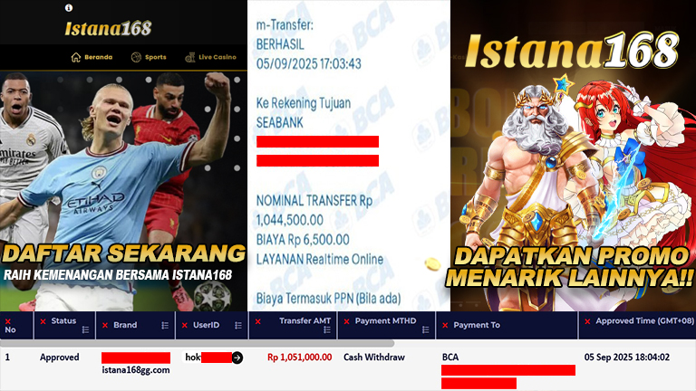 BUKTI KEMENANGAN WD MEMBER ISTANA168 IDR 1.051.000