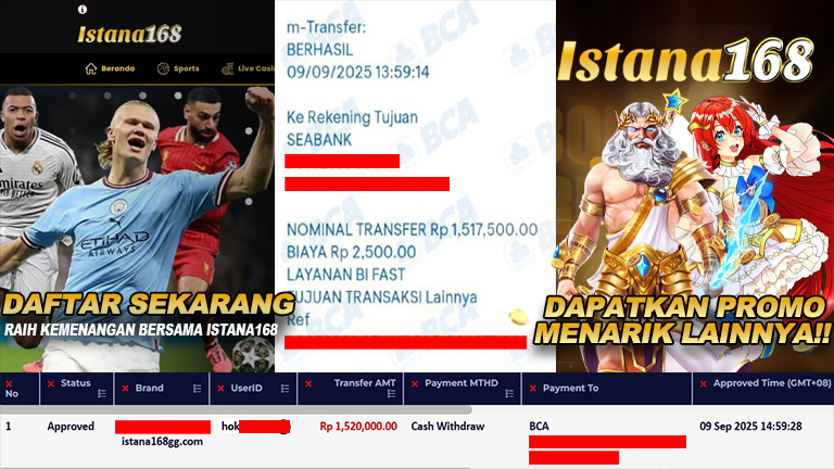 BUKTI KEMENANGAN WD MEMBER ISTANA168 IDR 1.520.000