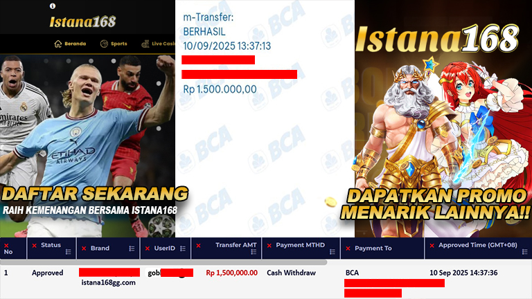 BUKTI KEMENANGAN WD MEMBER ISTANA168 IDR 1.500.000