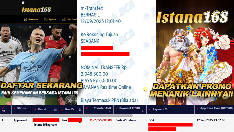 BUKTI KEMENANGAN WD MEMBER ISTANA168 IDR 2.055.000