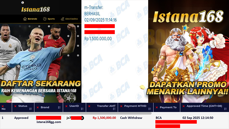 BUKTI KEMENANGAN WD MEMBER ISTANA168 IDR 1.500.000