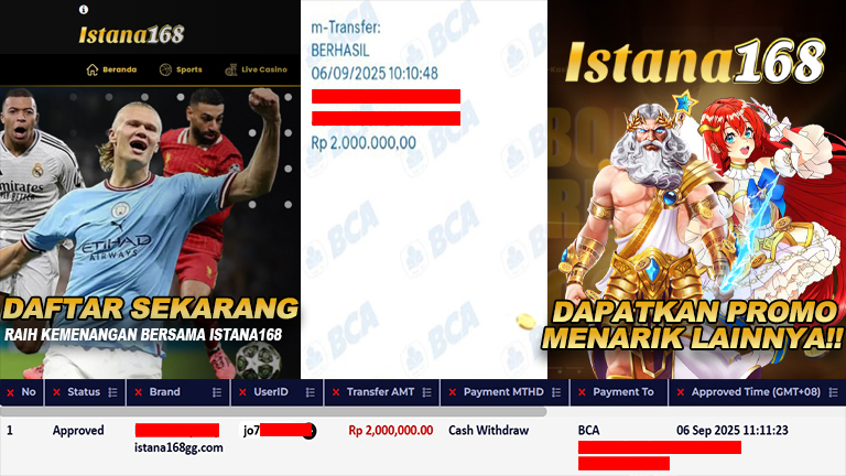 BUKTI KEMENANGAN WD MEMBER ISTANA168 IDR 2.000.000
