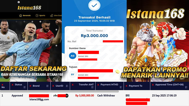 BUKTI KEMENANGAN WD MEMBER ISTANA168 IDR 3.000.000