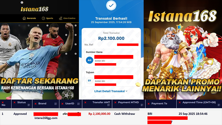 BUKTI KEMENANGAN WD MEMBER ISTANA168 IDR 2.100.000