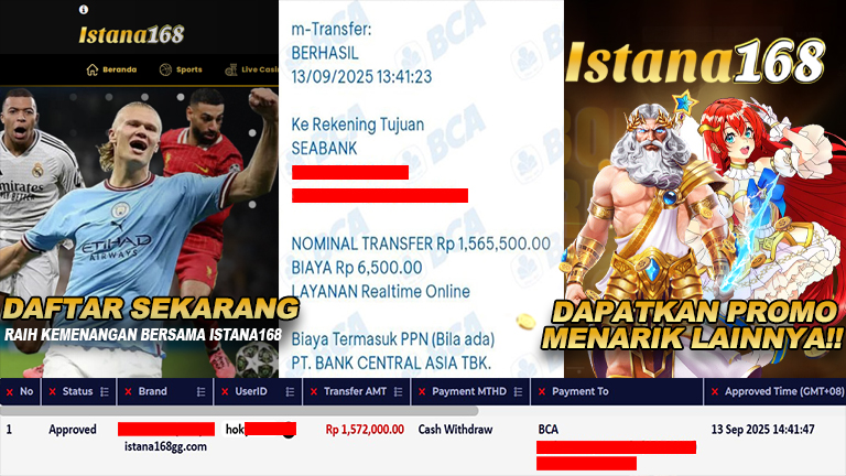 BUKTI KEMENANGAN WD MEMBER ISTANA168 IDR 1.572.000