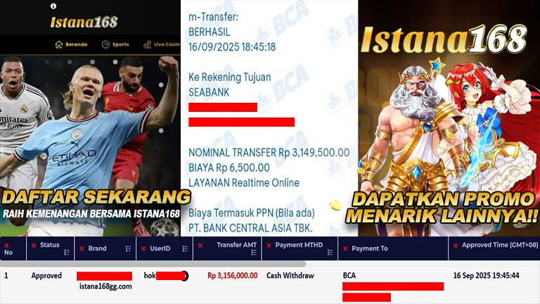 BUKTI KEMENANGAN WD MEMBER ISTANA168 IDR 3.156.000