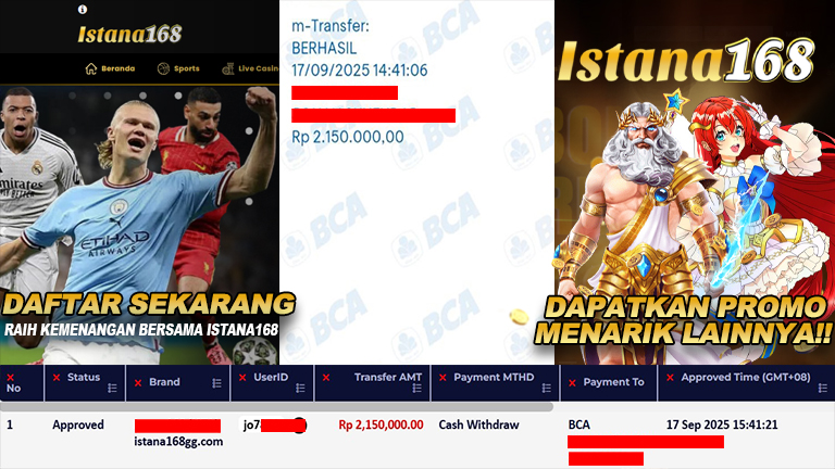 BUKTI KEMENANGAN WD MEMBER ISTANA168 IDR 2.150.000