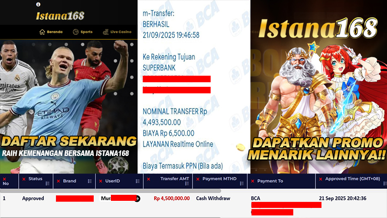 BUKTI KEMENANGAN WD MEMBER ISTANA168 IDR 4.500.000