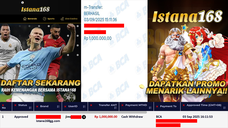 BUKTI KEMENANGAN WD MEMBER ISTANA168 IDR 1.000.000