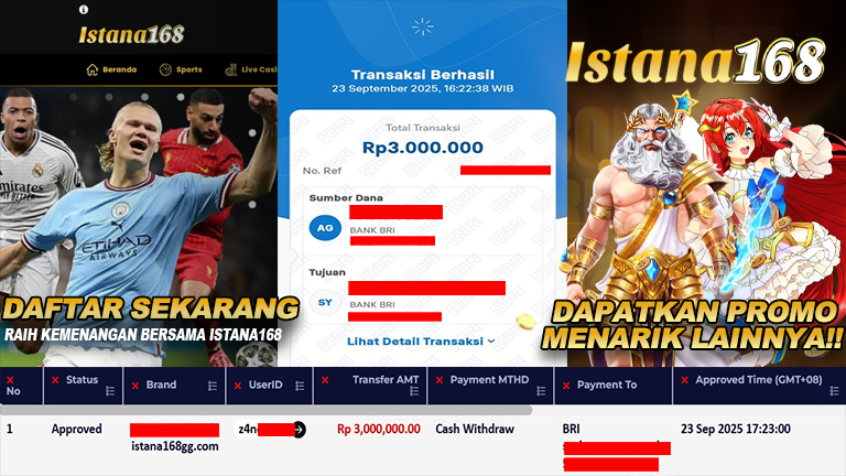 BUKTI KEMENANGAN WD MEMBER ISTANA168 IDR 3.000.000