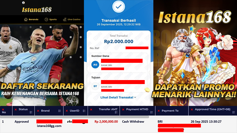 BUKTI KEMENANGAN WD MEMBER ISTANA168 IDR 2.000.000