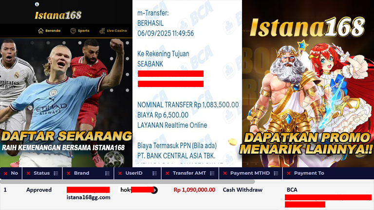 BUKTI KEMENANGAN WD MEMBER ISTANA168 IDR 1.090.000