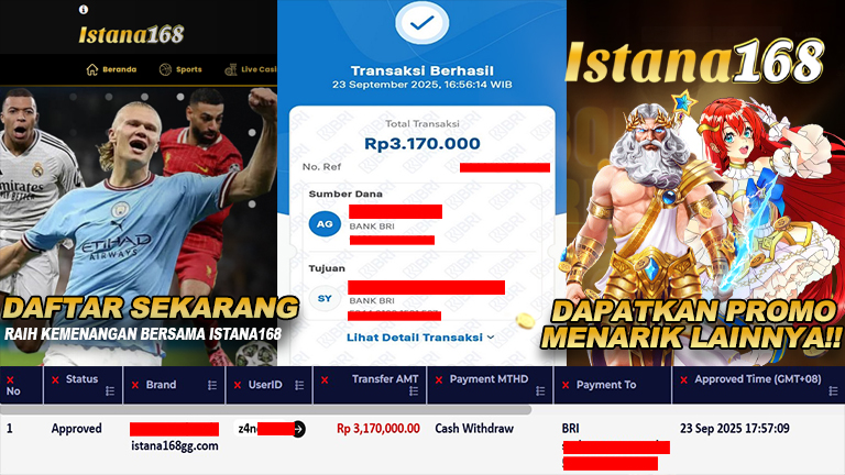 BUKTI KEMENANGAN WD MEMBER ISTANA168 IDR 3.170.000