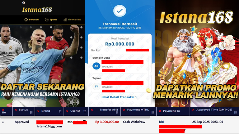 BUKTI KEMENANGAN WD MEMBER ISTANA168 IDR 3.000.000