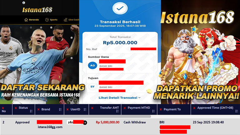 BUKTI KEMENANGAN WD MEMBER ISTANA168 IDR 5.000.000