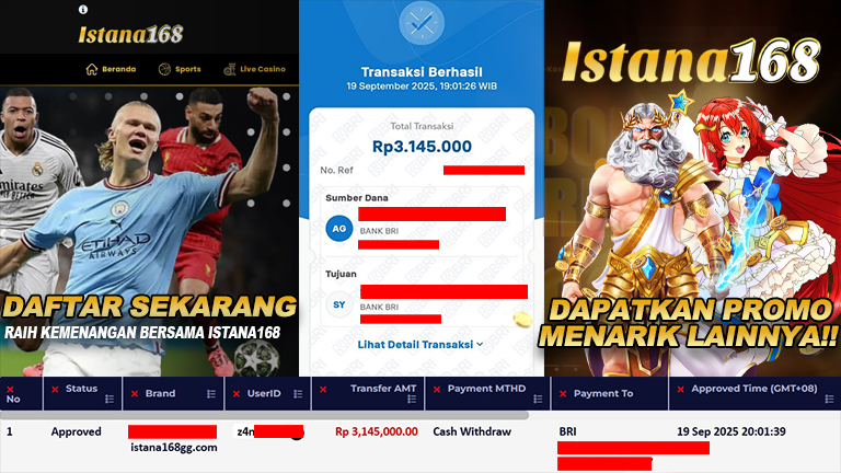 BUKTI KEMENANGAN WD MEMBER ISTANA168 IDR 3.145.000