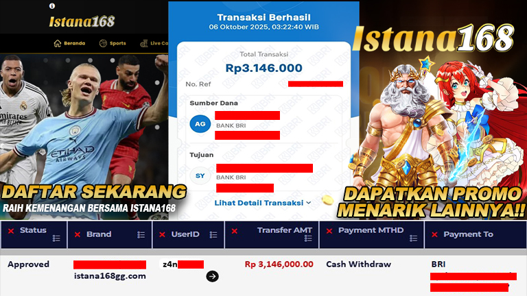 BUKTI KEMENANGAN WD MEMBER ISTANA168 IDR 3.146.000