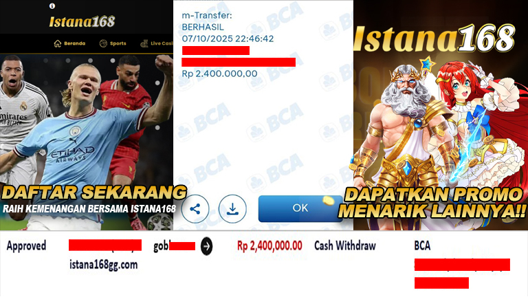 BUKTI KEMENANGAN WD MEMBER ISTANA168 IDR 2.400.000