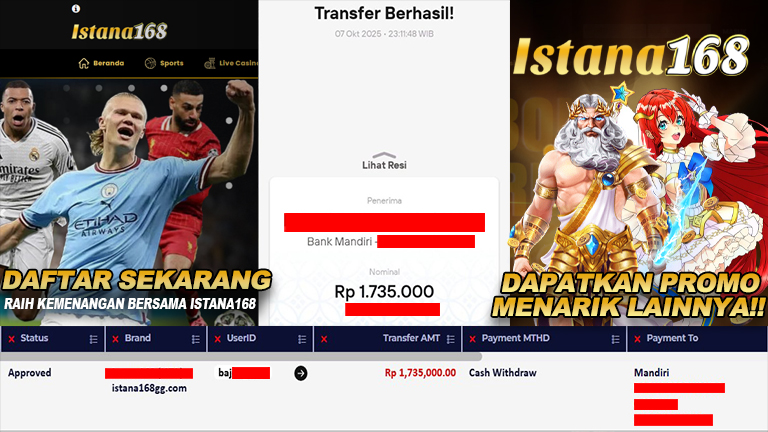 BUKTI KEMENANGAN WD MEMBER ISTANA168 IDR 1.735.000