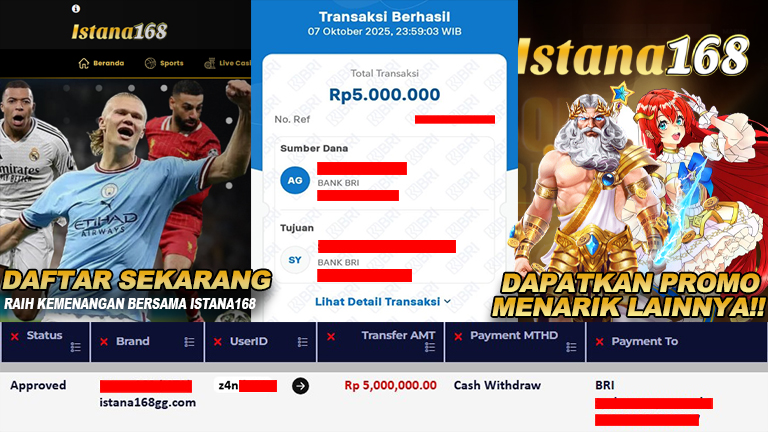 BUKTI KEMENANGAN WD MEMBER ISTANA168 IDR 5.000.000