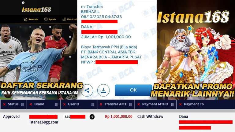 BUKTI KEMENANGAN WD MEMBER ISTANA168 IDR 1.001.000