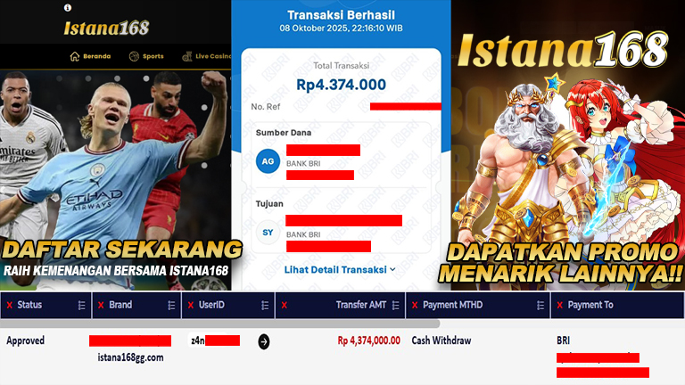 BUKTI KEMENANGAN WD MEMBER ISTANA168 IDR 4.374.000
