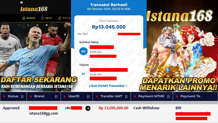 BUKTI KEMENANGAN WD MEMBER ISTANA168 IDR 13.045.000