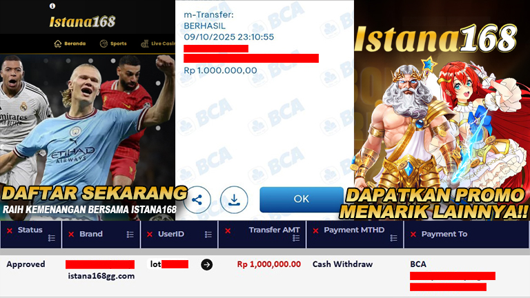 BUKTI KEMENANGAN WD MEMBER ISTANA168 IDR 1.000.000