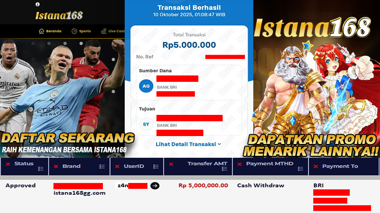 BUKTI KEMENANGAN WD MEMBER ISTANA168 IDR 5.000.000