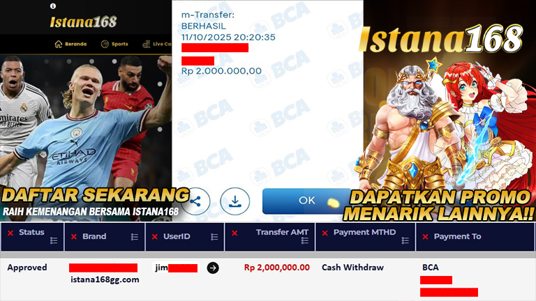 BUKTI KEMENANGAN WD MEMBER ISTANA168 IDR 2.000.000