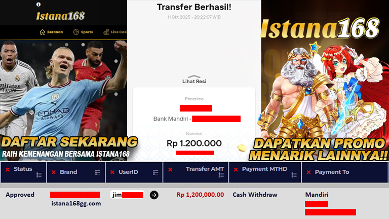 BUKTI KEMENANGAN WD MEMBER ISTANA168 IDR 1.200.000