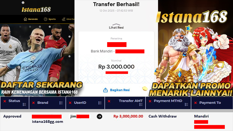 BUKTI KEMENANGAN WD MEMBER ISTANA168 IDR 3.000.000