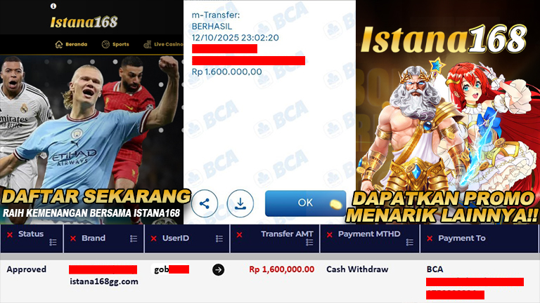 BUKTI KEMENANGAN WD MEMBER ISTANA168 IDR 1.600.000