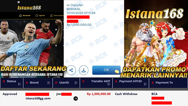 BUKTI KEMENANGAN WD MEMBER ISTANA168 IDR 1.000.000