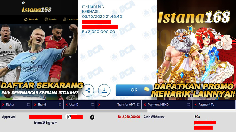 BUKTI KEMENANGAN WD MEMBER ISTANA168 IDR 2.050.000