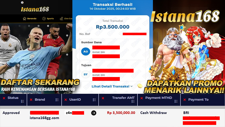 BUKTI KEMENANGAN WD MEMBER ISTANA168 IDR 3.500.000