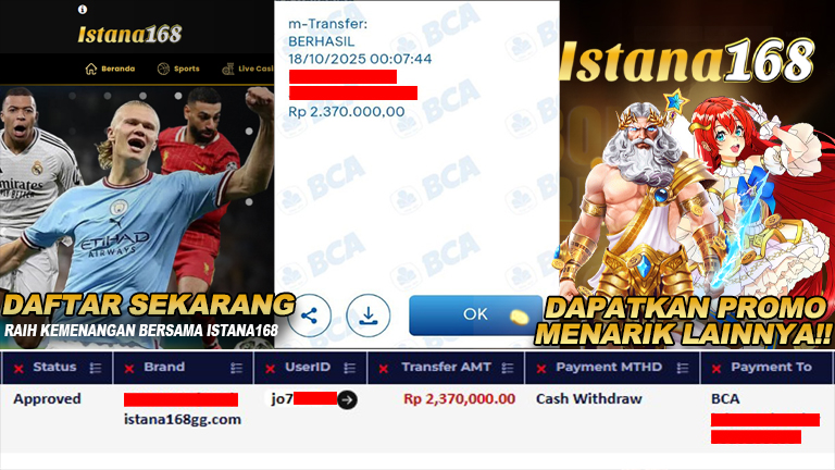 BUKTI KEMENANGAN WD MEMBER ISTANA168 IDR 2.370.000