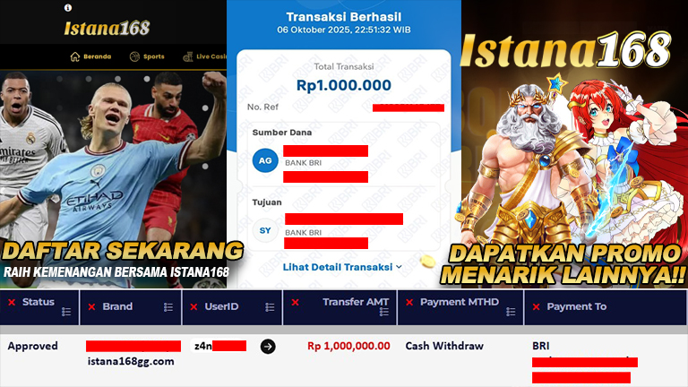 BUKTI KEMENANGAN WD MEMBER ISTANA168 IDR 1.000.000