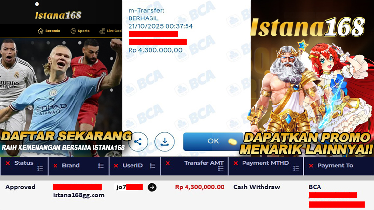 BUKTI KEMENANGAN WD MEMBER ISTANA168 IDR 4.300.000