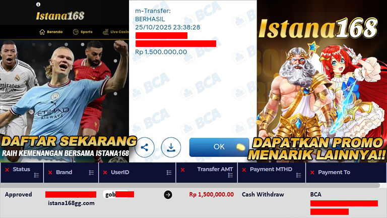 BUKTI KEMENANGAN WD MEMBER ISTANA168 IDR 1.500.000
