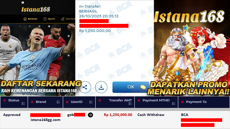 BUKTI KEMENANGAN WD MEMBER ISTANA168 IDR 1.250.000