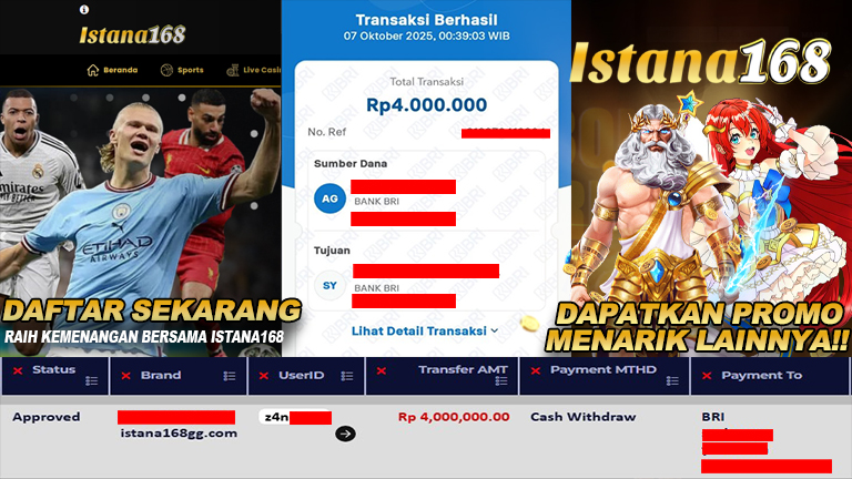 BUKTI KEMENANGAN WD MEMBER ISTANA168 IDR 4.000.000