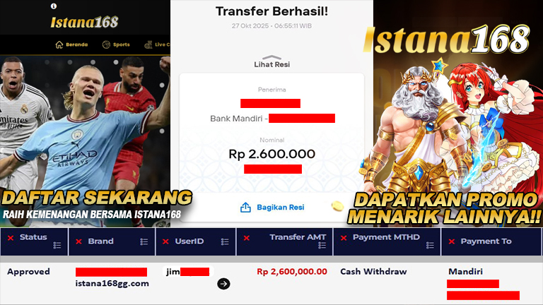 BUKTI KEMENANGAN WD MEMBER ISTANA168 IDR 2.600.000