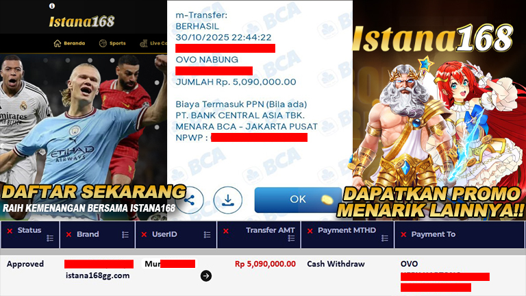 BUKTI KEMENANGAN WD MEMBER ISTANA168 IDR 5.090.000