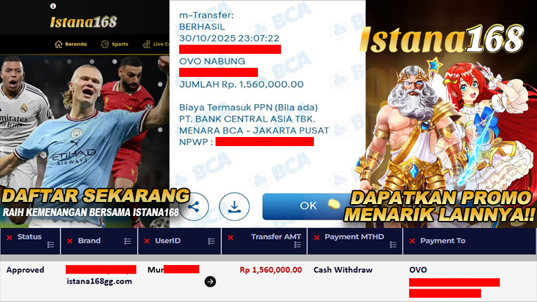 BUKTI KEMENANGAN WD MEMBER ISTANA168 IDR 1.560.000