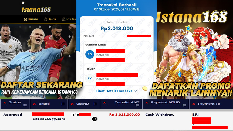 BUKTI KEMENANGAN WD MEMBER ISTANA168 IDR 3.018.000