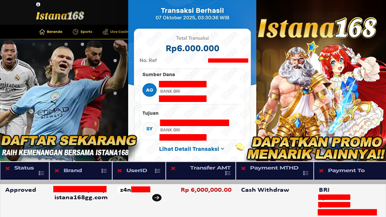 BUKTI KEMENANGAN WD MEMBER ISTANA168 IDR 6.000.000
