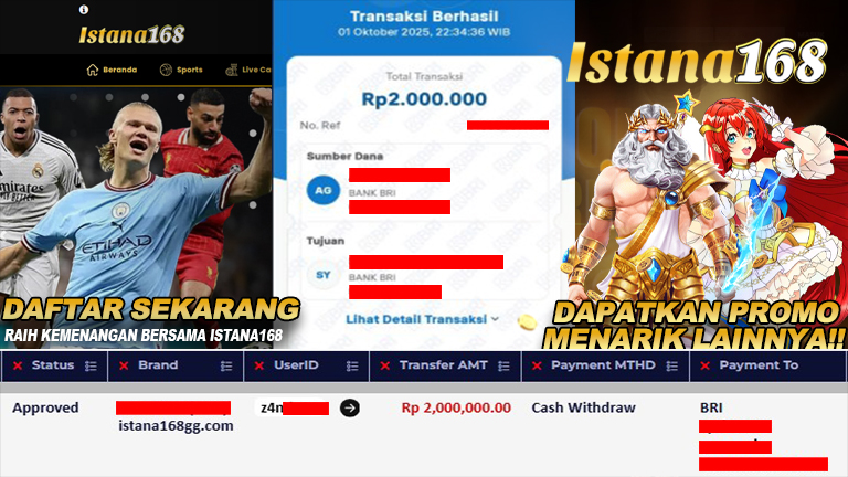 BUKTI KEMENANGAN WD MEMBER ISTANA168 IDR 2.000.000