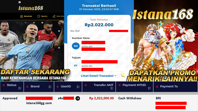 BUKTI KEMENANGAN WD MEMBER ISTANA168 IDR 2.022.000